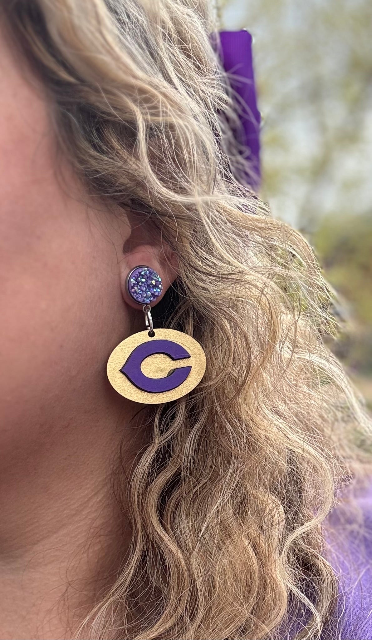 Gold/Purple Fightin’ Chick “C” Dangle Earring