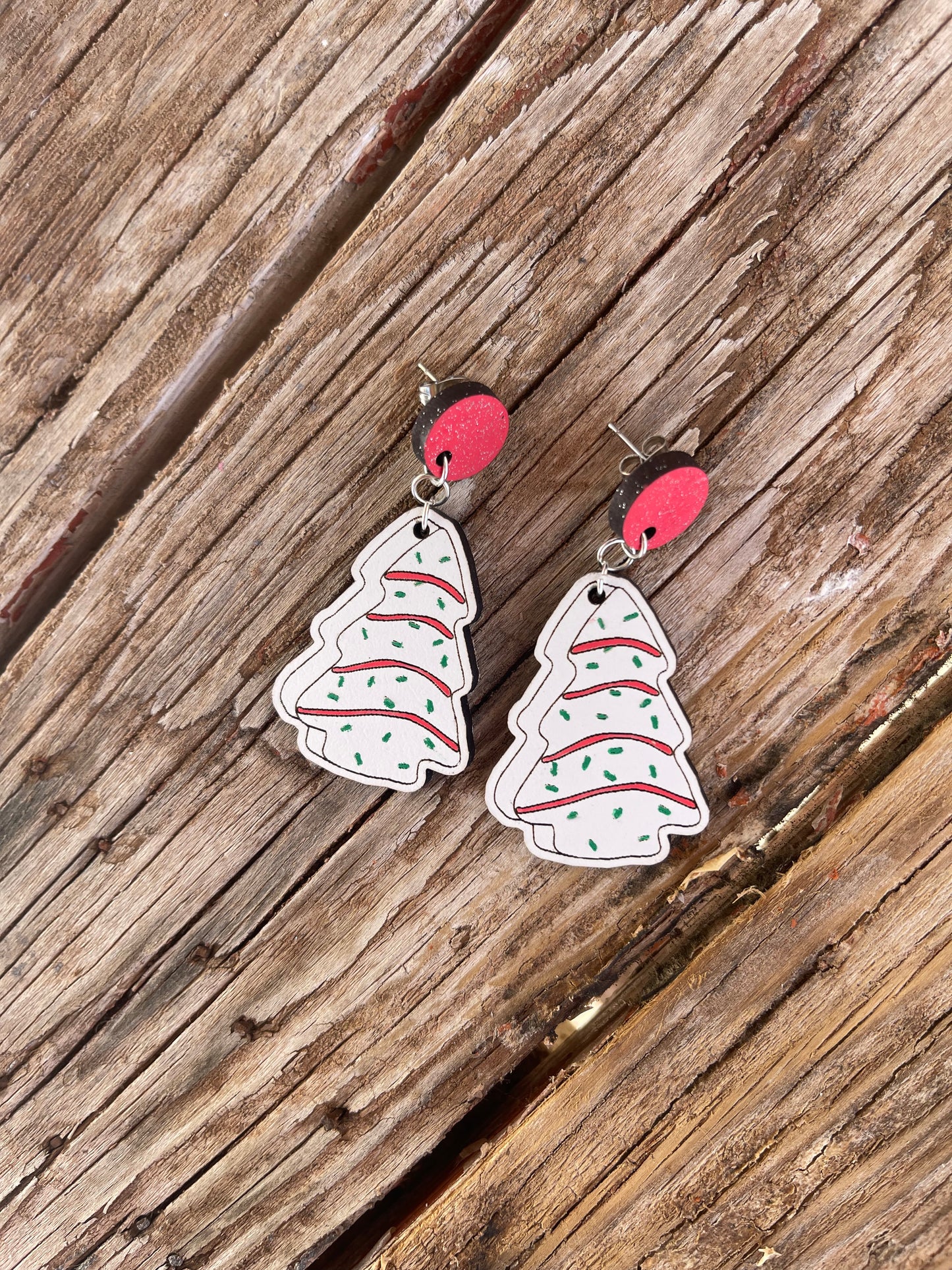 Christmas Tree Cake Earrings | Wood Engraved, Hand-Painted Holiday Jewelry | Cute Snack-Inspired Earrings for Foodie Lovers