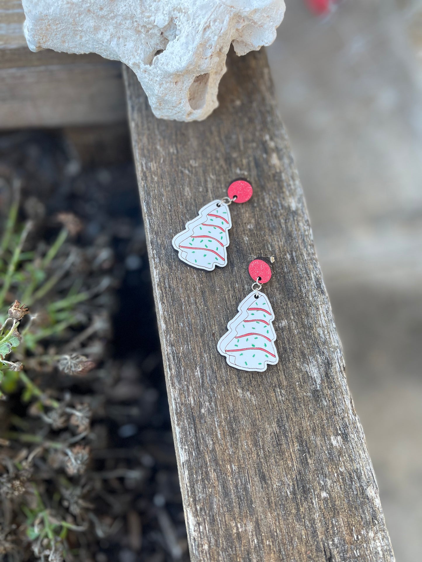 Christmas Tree Cake Earrings | Wood Engraved, Hand-Painted Holiday Jewelry | Cute Snack-Inspired Earrings for Foodie Lovers