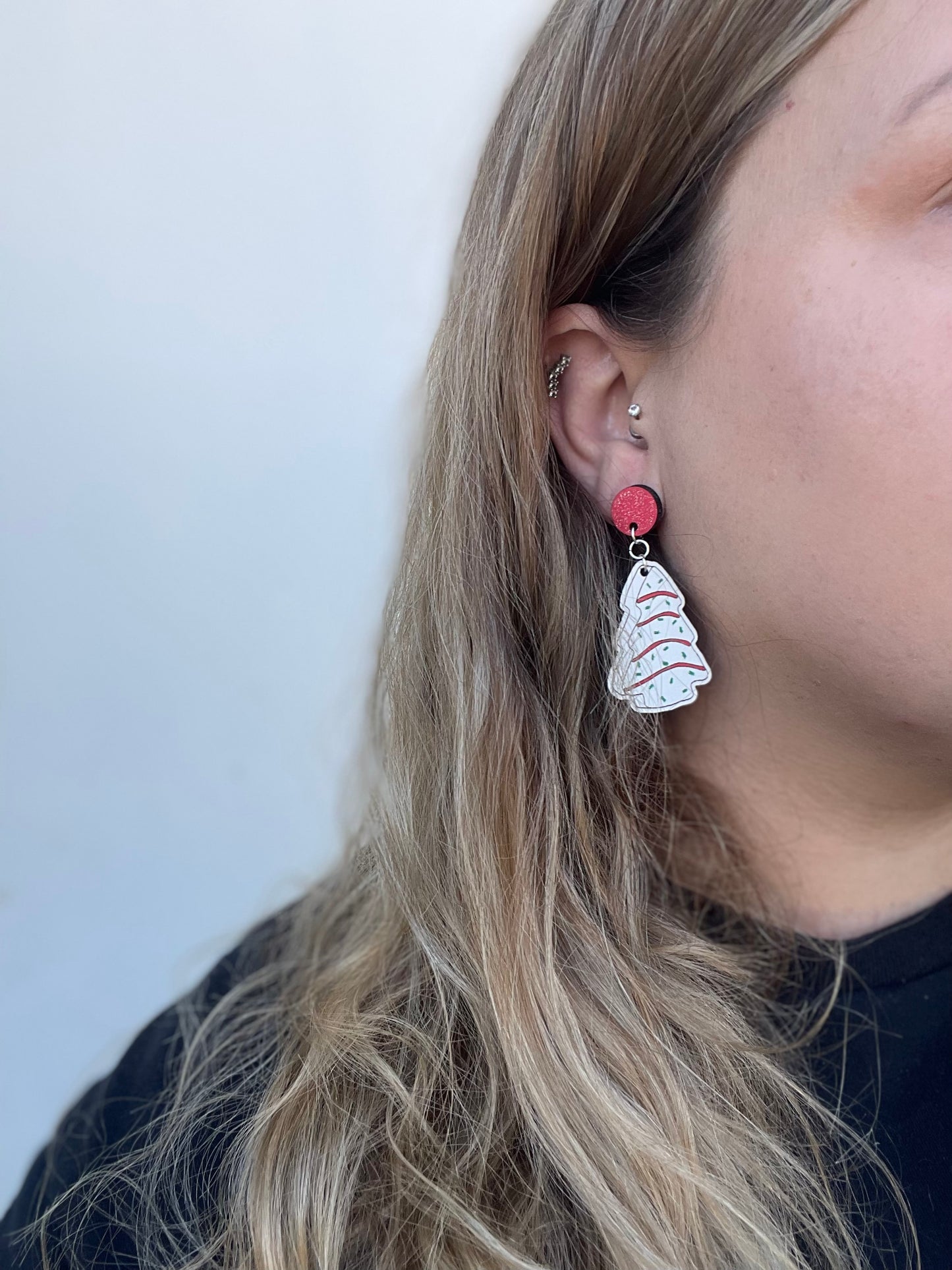 Christmas Tree Cake Earrings | Wood Engraved, Hand-Painted Holiday Jewelry | Cute Snack-Inspired Earrings for Foodie Lovers