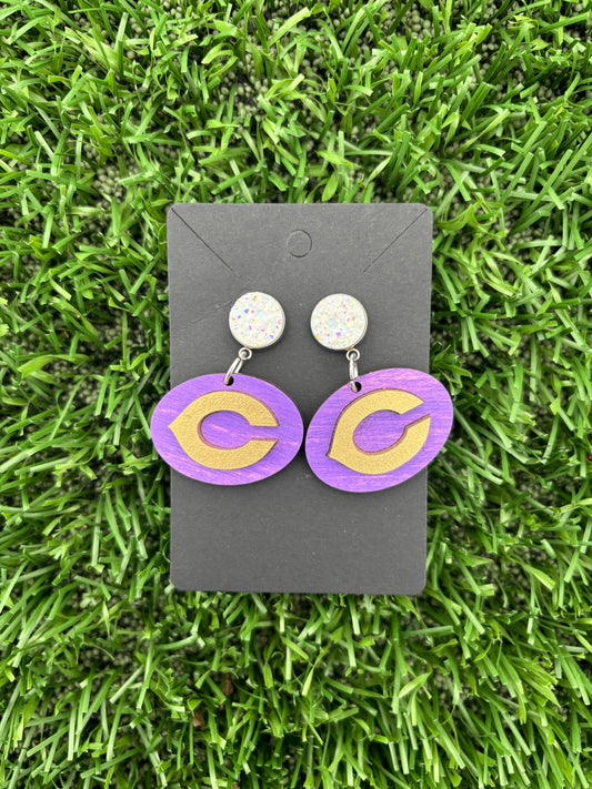 Purple and Gold Fightin’ Chick “C” Earring
