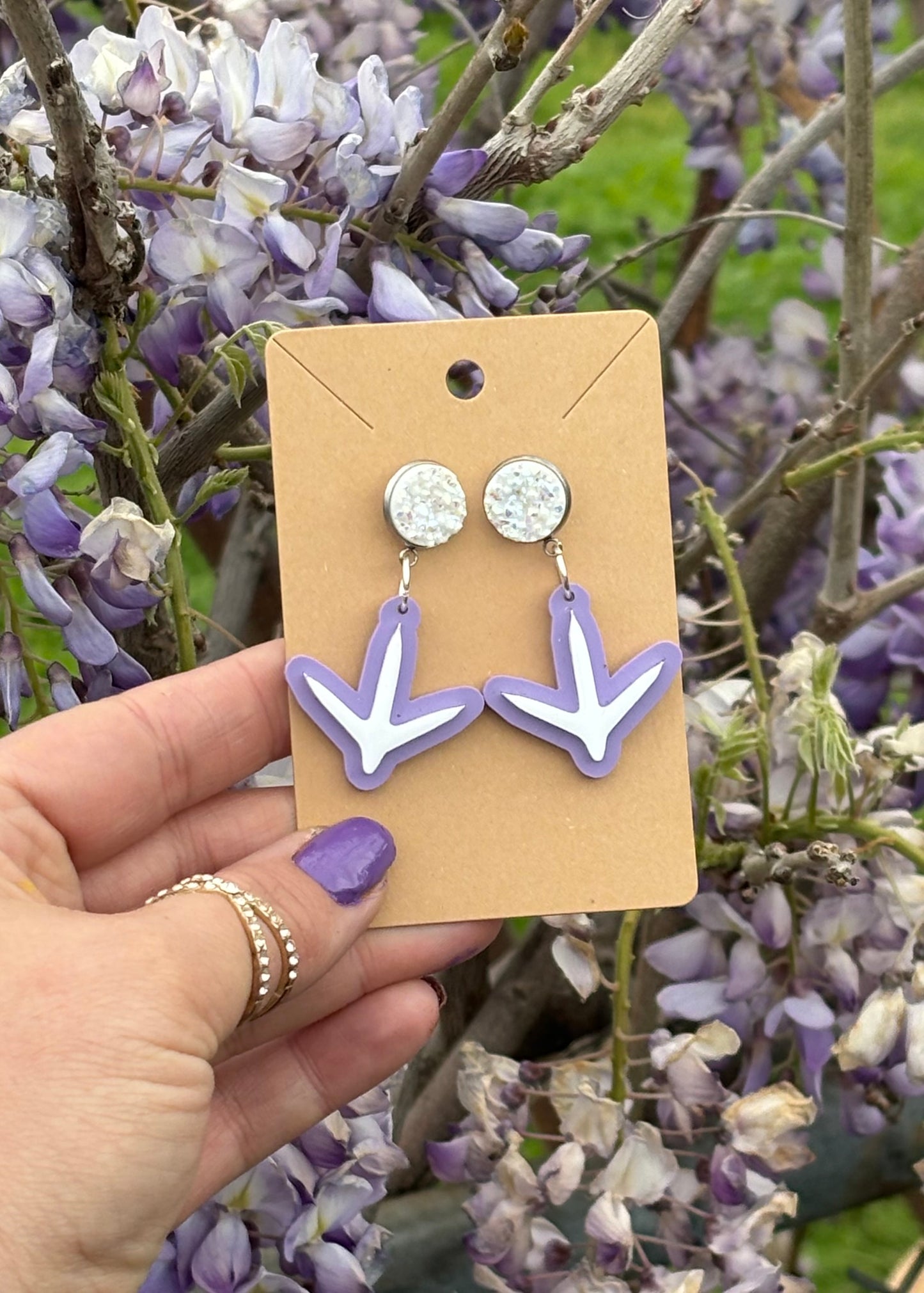 Chick Print Pastel Purple and White Earrings