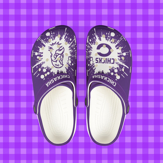 * CHICKS paint splat purple & white foam clogs