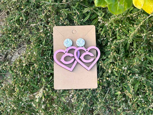 *Pink Out Special Edition - Pastel Pink Heart Chick C Dangle Earrings with White Sparkle Stud